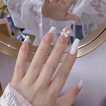 Новые белые накладные ногти в виде французского гроба с бабочкой в корейском стиле, искусственные кончики ногтей для девочек, 24шт
