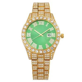 Роскошные Мужские часы топ-бренда Gold Full Diamond Iced Out в стиле Хип-хоп, Римский Цифровой Календарь, Водонепроницаемые Мужские кварцевые наручные часы Reloj