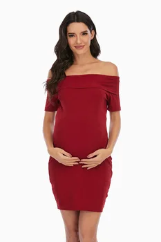 Модное платье для беременных с коротким рукавом, вырезом лодочкой, сплошными оборками, платье для мамы, одежда для беременных, платья