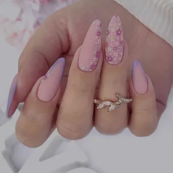 24шт Матовых розовых французских накладных ногтей Короткие миндалевидные накладные ногти с дизайном в виде маленьких цветочков Носимая круглая головка Нажимается на кончики ногтей