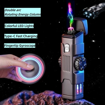 Новая ветрозащитная Плазменная USB-электрическая зажигалка с двойной дугой, креативная светодиодная металлическая импульсная зажигалка с гироскопом на кончике пальца, Мужские подарки