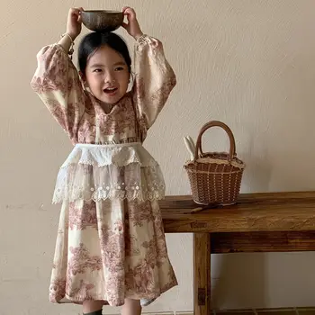 Повседневные платья для девочек, новинка, Корейская детская одежда, Ретро кружевной комплект из двух предметов с круглым вырезом и принтом в стиле принцессы, Осень