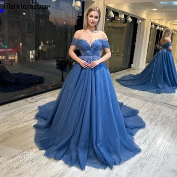 Maxianever Grace Off Shoulder A-line Prom Gown Sweetheart Lace Sexy Backless Court Train Party Dress платья на торжество