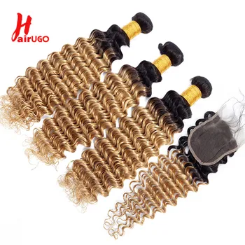 HairUGo T1B27 Пучки человеческих волос глубокой волны с закрытием, предварительно окрашенные кружева Remy 4x4 с закрытием, пучок для плетения волос, комплект для плетения волос