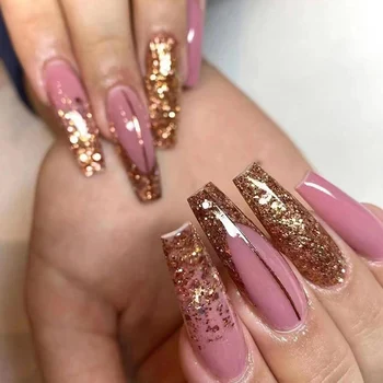 Золотисто-розовые длинные ногти-балетки, удобные на ощупь, как натуральные ногти для маникюра своими руками в домашних условиях