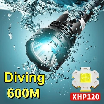 Фонарик для дайвинга XHP120, Перезаряжаемый Подводный фонарь, Белый Свет, 600 м, Профессиональный Водонепроницаемый фонарь для дайвинга, IPX8, Акваланг