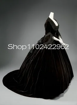 Черное бархатное бальное платье Historical Walk, платья для выпускного вечера с кружевной аппликацией с длинным рукавом, Квадратное вечернее платье для костюма Тюдоров