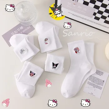 белые носки с вышивкой Sanrio Hello Kitty Cinnamoroll из хлопка 3шт, носки до середины икры с героями мультфильмов Kuromi My Melody, детские высокие носки