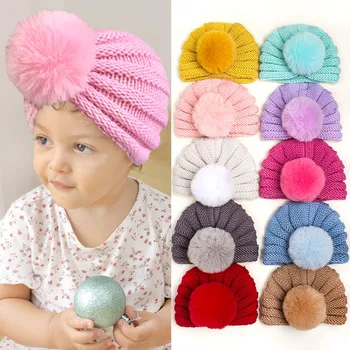 Вязаные шапочки для маленьких девочек 0-2 лет, Милые шапочки с помпонами, Осенне-зимняя теплая одежда, Реквизит для фотосъемки, Детские Аксессуары, Розовый, Синий, Красный