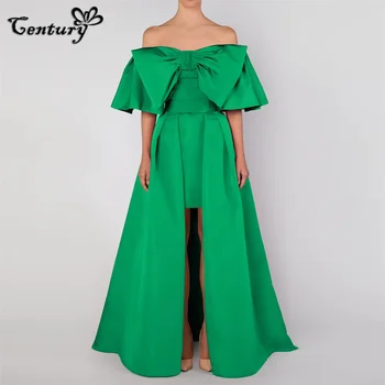 Зеленое платье для выпускного вечера с открытыми плечами, длинный съемный шлейф, большой бант Выше колена, атласная официальная одежда, вечерние платья для вечеринок, Robe De Soiree