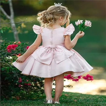 Розовое короткое платье в цветочек для девочек, юбка, атласный рукав в виде листьев лотоса, свадебное платье с милым маленьким цветочком для первого причастия ребенка