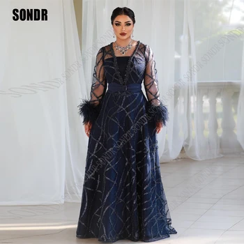 SONDR Темно-синие Атласные вечерние платья с пышными рукавами и бисером, Дубайские Арабские Женские вечерние платья для выпускного вечера Robe de soiree