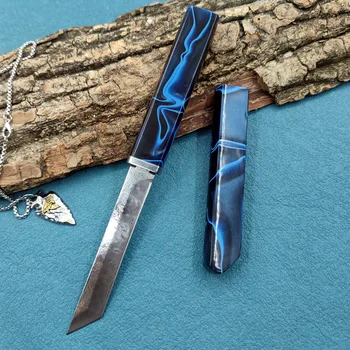 Походный нож на открытом воздухе, портативный фруктовый нож, синяя акриловая ручка, материал лезвия - стальной сердечник VG10
