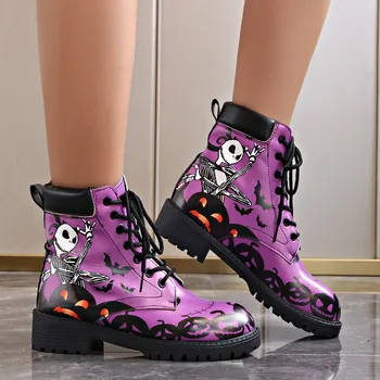 Высокие кроссовки с принтом черепа, женские ботинки, осень-зима 2023, модные фиолетовые ботильоны на шнуровке, большие размеры 43, обувь в стиле панк-готика.