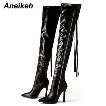 Aneikeh/ Модные Сапоги выше Колена с боковой молнией и Кисточками на тонком каблуке; Коллекция 2024 года; Женские ботинки 