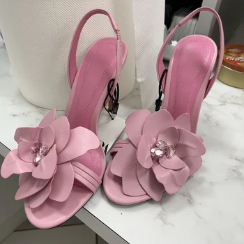 Декоративные босоножки со стразами и цветами, новые летние туфли-лодочки, сладкие розовые женские туфли на очень высоком каблуке 9 см, туфли для выпускного вечера высокого класса