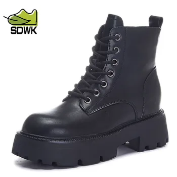 SDWK, ботинки на платформе из натуральной кожи 8 см, женская обувь, черные кожаные ботильоны в стиле панк, мотоциклетные ботинки с толстой подошвой AD4764