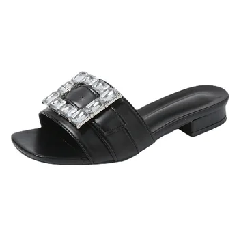 Женская обувь Лето 2023, Элегантные женские тапочки со стразами на низком каблуке с квадратным носком, женская модная уличная пляжная обувь, Тапочки Mujer
