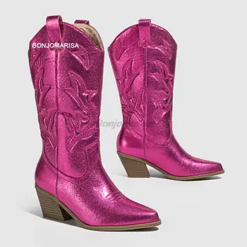 Ковбойские ботинки с металлическим рисунком для женщин, без шнуровки, модные, с блестками, в стиле вестерн, с острым носком, на среднем каблуке, в стиле панк, цвета: золотистый, серебристый