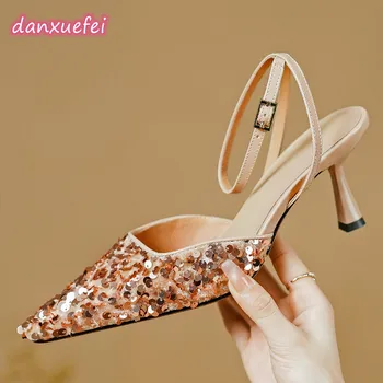 danxuefei/ женские босоножки на тонком высоком каблуке с ремешком на щиколотке из натуральной кожи с блестками, элегантные женские летние туфли-лодочки