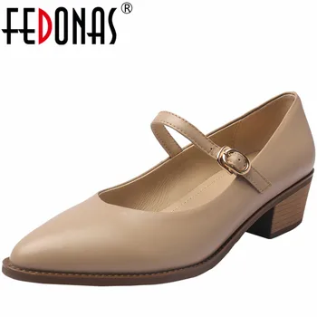 FEDONAS/ Базовые женские туфли-лодочки на толстом каблуке с острым носком для зрелых, женская обувь из натуральной кожи, весенне-летнее платье для офиса, Новинка для леди