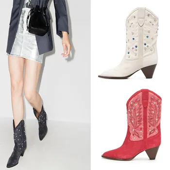 Осенне-зимние женские ботильоны, ковбойские сапоги в стиле Вестерн, Модные женские ботинки в стиле ретро, Европейские и американские короткие ботинки