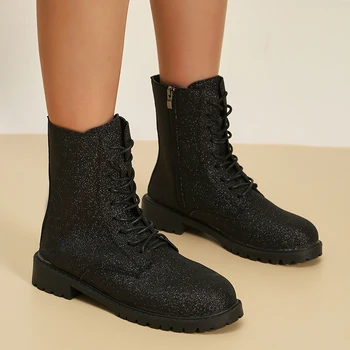 Черные блестящие ботильоны с блестками, женские короткие ботинки из искусственной кожи на низком каблуке, женские мотоциклетные ботильоны на молнии и шнуровке, обувь в стиле панк, размер 42
