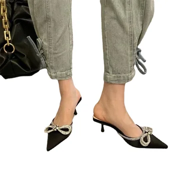 Deonte 2023, Новые модные женские тапочки с узлом-бабочкой, тонкие низкие каблуки, дизайн с острым носком, летние шлепанцы-шлепанцы, женская обувь