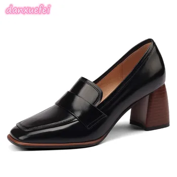 danxuefei/ большие размеры 34-42; женские туфли-лодочки без застежки из натуральной кожи с квадратным носком в стиле OL на высоком толстом каблуке 6 см; женские повседневные модельные туфли