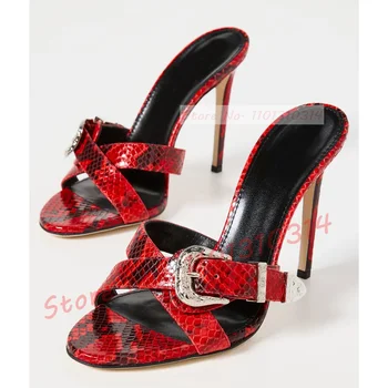 Красные тапочки на высоком каблуке со змеиным тиснением, женские туфли со скрещенными ремешками и серебряной пряжкой, женская повседневная обувь для вечеринок в западном стиле