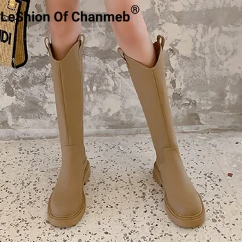 LeShion Of Chanmeb/ Женские ботинки из натуральной кожи на молнии, на квадратном каблуке, до колена, с круглым носком, сапоги для верховой езды, Обувь на платформе, осень-зима