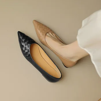 Phoentin weave классические туфли-лодочки с острым носком 2023, брендовые женские туфли-лодочки из натуральной кожи на низком каблуке, офисная женская обувь, черный FT2736