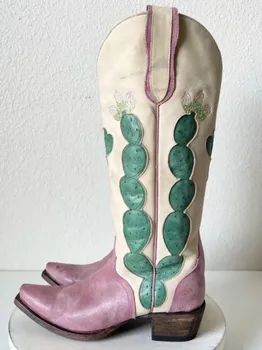UVRCOS 2023 Сапоги в западном стиле на массивном каблуке с острым носком, кожаные сапоги до колена в стиле пэчворк с вышивкой кактуса, Модная обувь