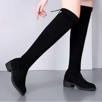 Осень-зима 2023, модные длинные сапоги выше колена, стрейчевые тонкие черные сапоги на толстой подошве, замшевые женские ботфорты на низком каблуке