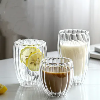 3D Кофейная кружка с двойными стенками, Стеклянная чашка в вертикальную полоску, Термостойкая чашка для чая, Пивной стакан, Прозрачная чашка для воды, Посуда для вина