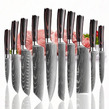 Набор Кухонных Ножей Лазерные Дамасские Ножи Для Кухонного Тесака Для Резки Мяса Овощей Нож Сантоку Рыбы Хлеба Набор Японских Ножей