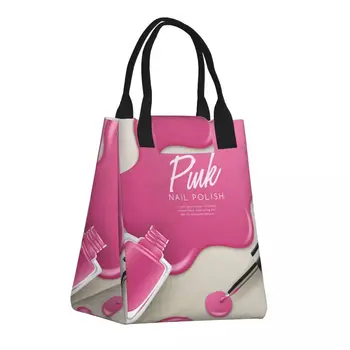 Розовый лак для ногтей, изолированная сумка для ланча, маникюр для пикника на открытом воздухе, сменный термоохладитель, коробка для бенто, женские сумки-тоут