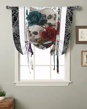 Акварельный череп в виде розы на Хэллоуин, Короткий карниз для кухни, карманные шторы, Домашний декор, маленькое окно, Римские шторы на завязках