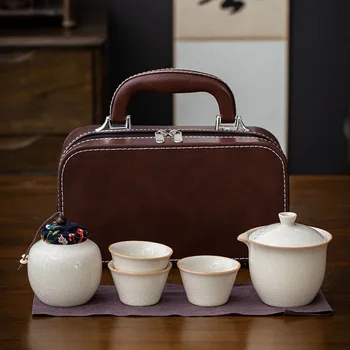 Чайный сервиз Кунг-фу, Керамический портативный чайник, Чайная чашка, канистра для чая из 5-6 предметов В кожаном футляре, Чайный сервиз в подарок для домашнего бизнеса на открытом воздухе