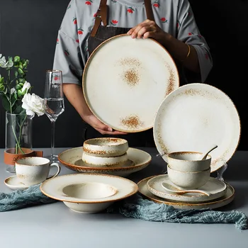 Многофункциональная посуда для сервировки блюд из белой керамики в стиле ретро, тарелки для еды, наборы кухонной посуды, Полный набор посуды