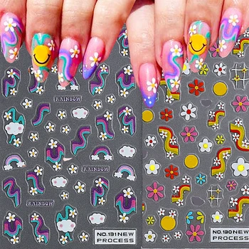 3D Красочные наклейки для дизайна ногтей с цветами, Радужное Облако, Улыбающееся Лицо, Дизайн ногтей, Корейский Допамин, Y2K, Фольга для маникюра, обертывания GLNO-131