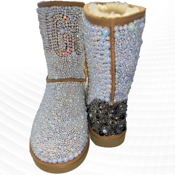 Модные роскошные зимние ботинки со стразами, толстая теплая нескользящая женская хлопчатобумажная обувь из 100 % хлопка, женская обувь