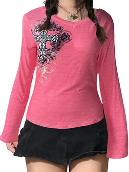 Женская футболка Y2K Fairy Grunge с длинным рукавом Готические футболки Harajuku E Girl 90-х Винтажный Графический Принт Уличная одежда
