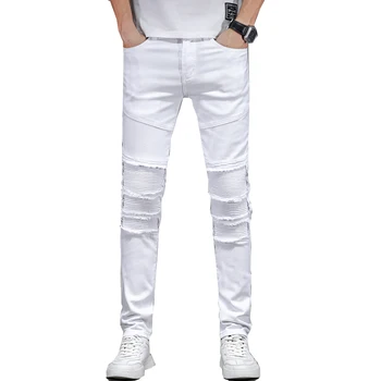Мужские джинсы, брендовые белые джинсы Strech в стиле хип-хоп, Тонкие обтягивающие плиссированные мужские джинсовые брюки, потертые рваные джинсы, мужские мотобайкерские брюки