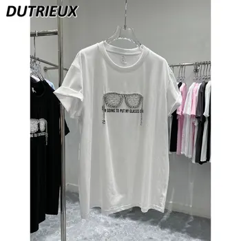 Высококачественная нишевая футболка для тяжелой промышленности с бриллиантами, женская летняя одежда 2023, Новая модная белая футболка Sense of Design, топ